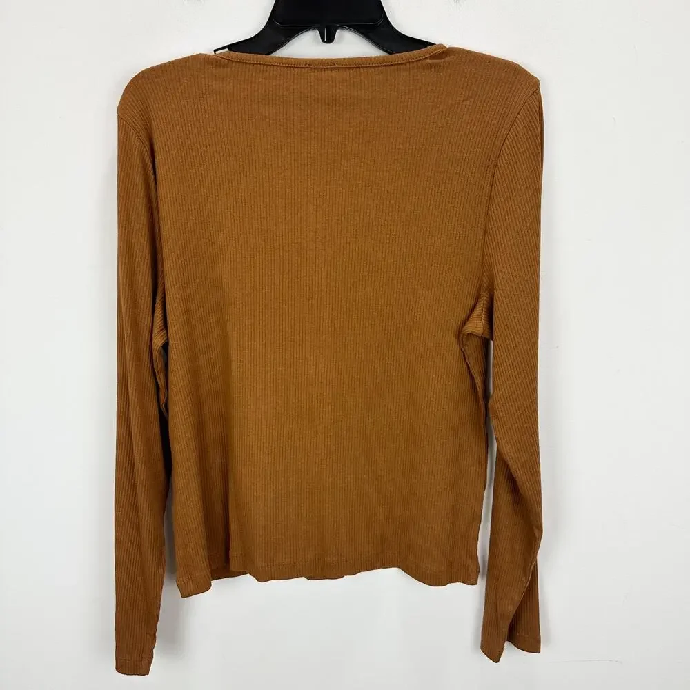 J.Crew Long Sleeve Button Henley Top Ribbed Stretch Jersey Mocha Latte XL NWT